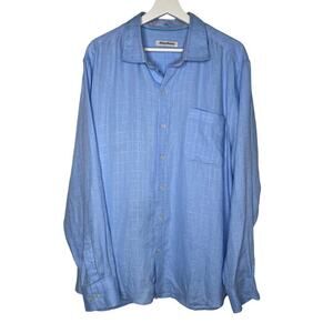 Tommy Bahamas 100% Linen Grid Blue Button Down Shirt Men's Size XL